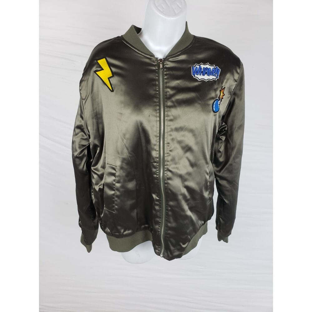 ELODIE Green Crew‎ Neck Zip Bomber Jacket L Looney Tunes patches Wham Lightning
